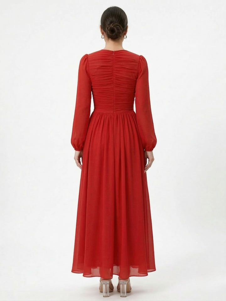 Red Bishop Sleeve Neck Cut-Out Dress