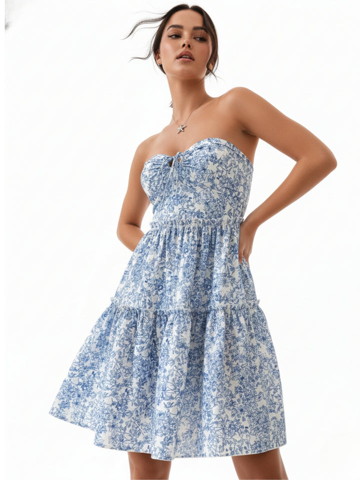 Blue Sweet Heart Neck Printed Tiered Dress