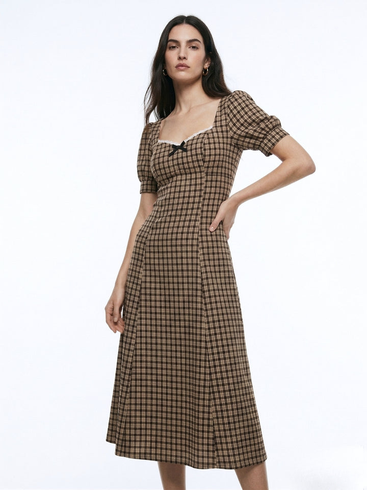 Brown Sweetheart Neckline Checkered Dress
