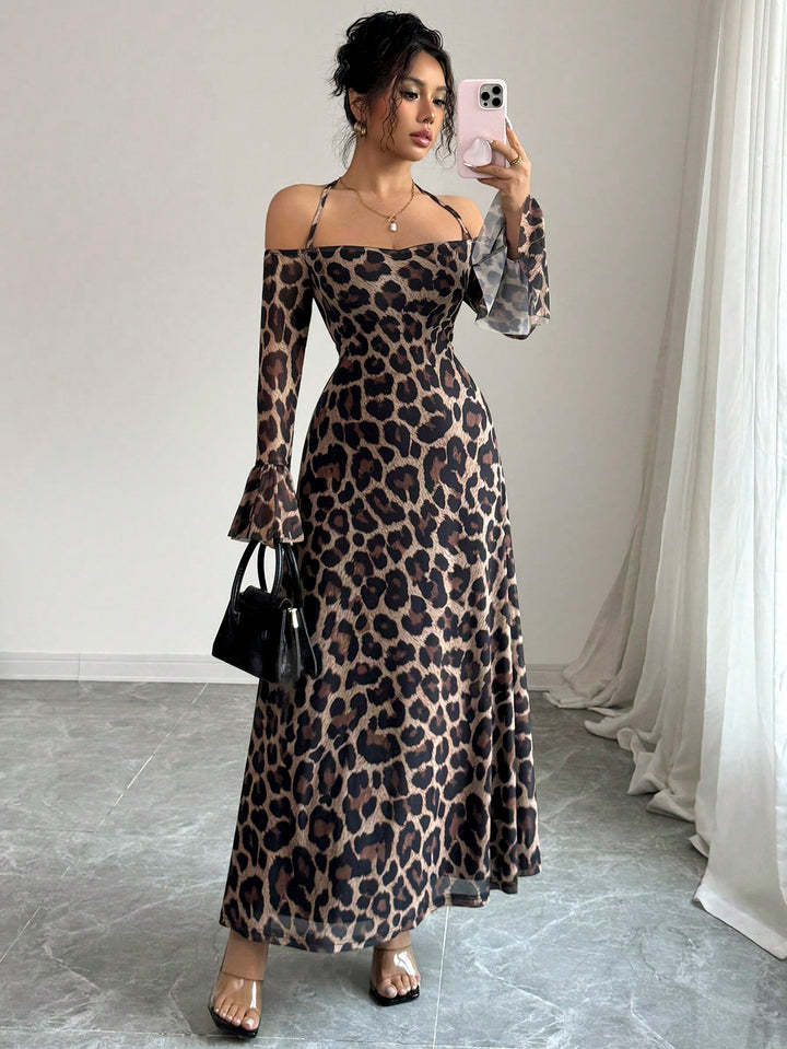 Brown Halter Neck Leopard Print Maxi Dress