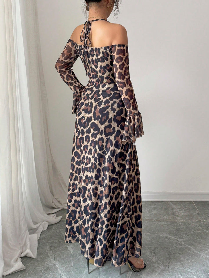 Brown Halter Neck Leopard Print Maxi Dress