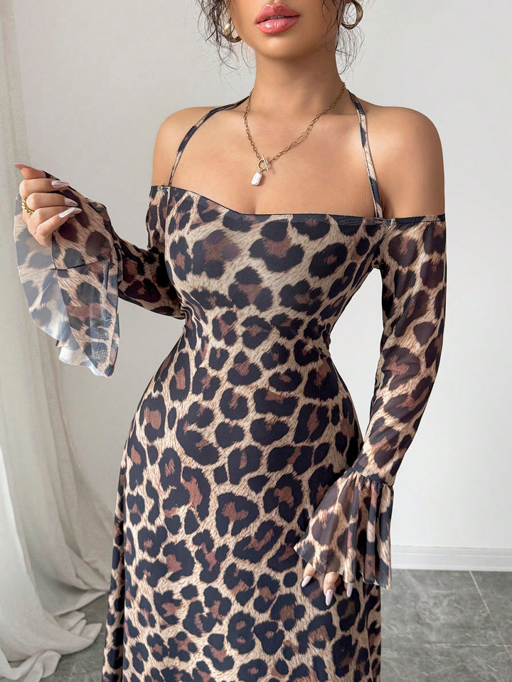 Brown Halter Neck Leopard Print Maxi Dress