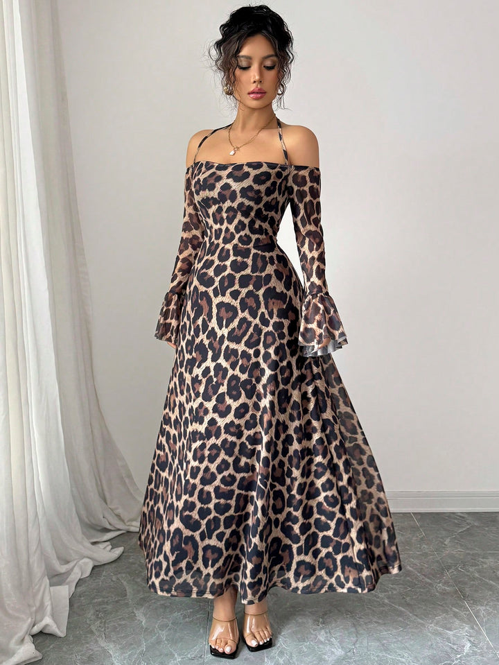 Brown Halter Neck Leopard Print Maxi Dress