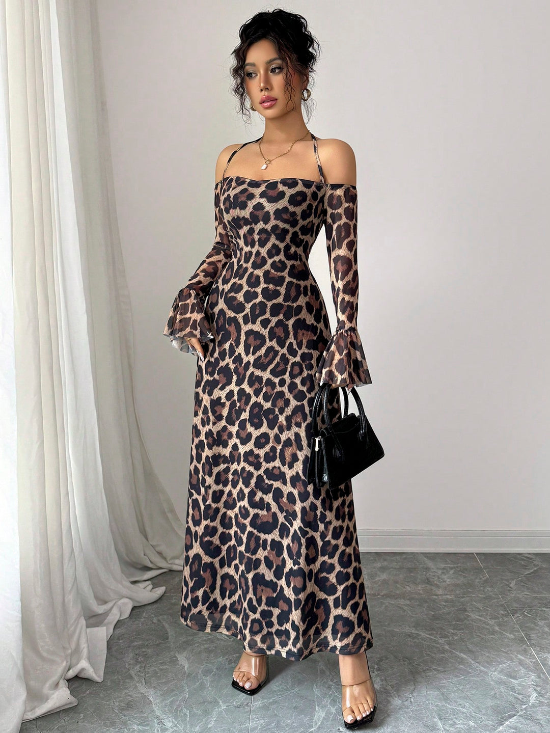 Brown Halter Neck Leopard Print Maxi Dress