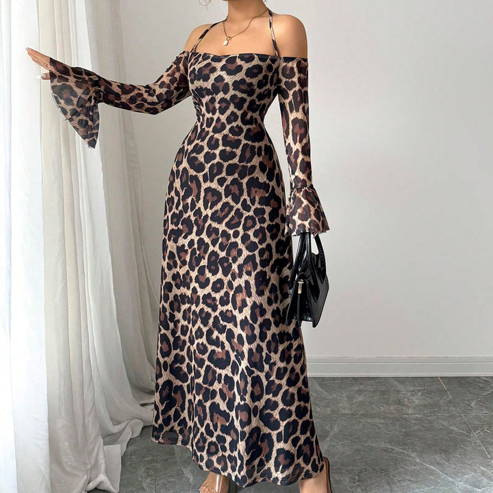 Brown Halter Neck Leopard Print Maxi Dress