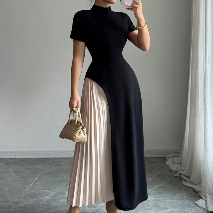 Black Block Pleat Short Sleeve Dress