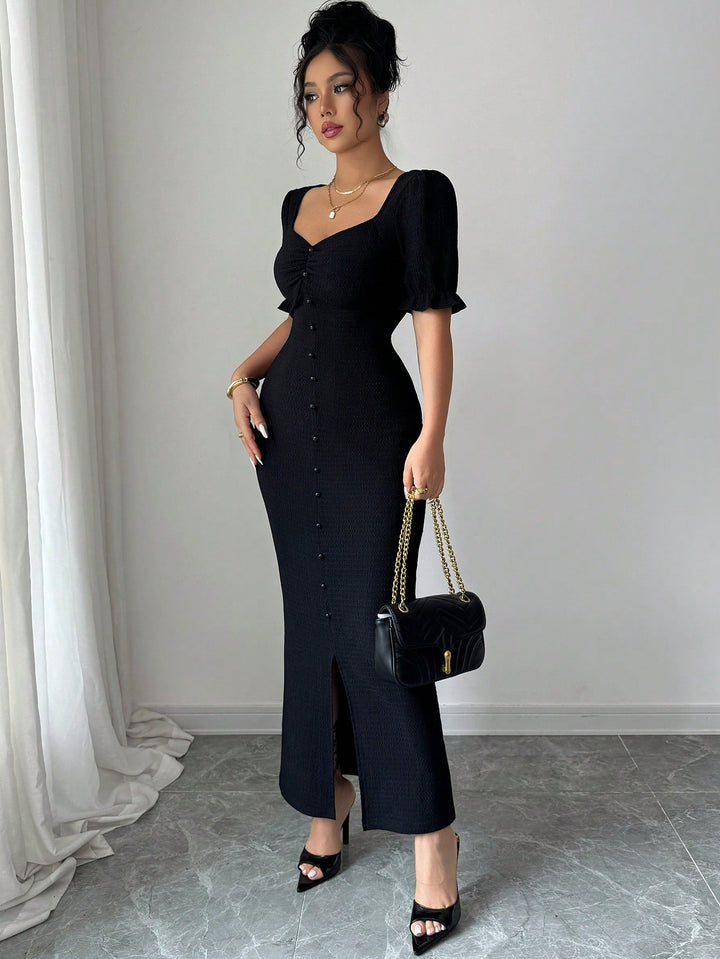 Black Sweetheart Neck Slit Maxi Dress