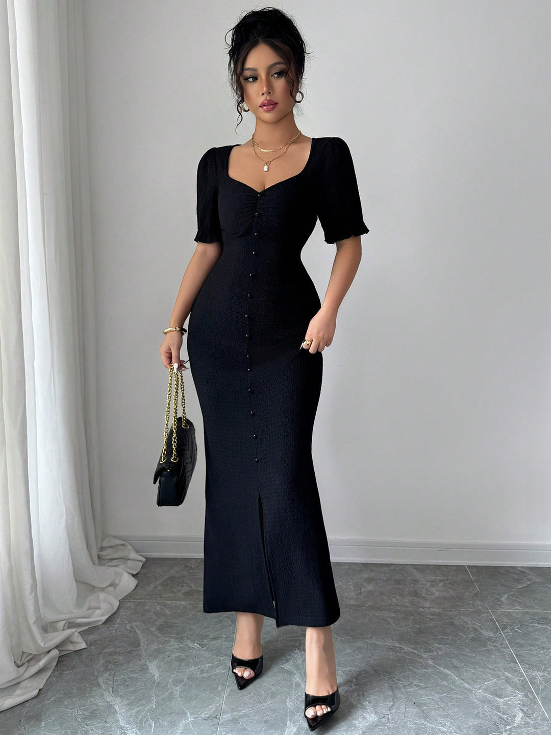 Black Sweetheart Neck Slit Maxi Dress