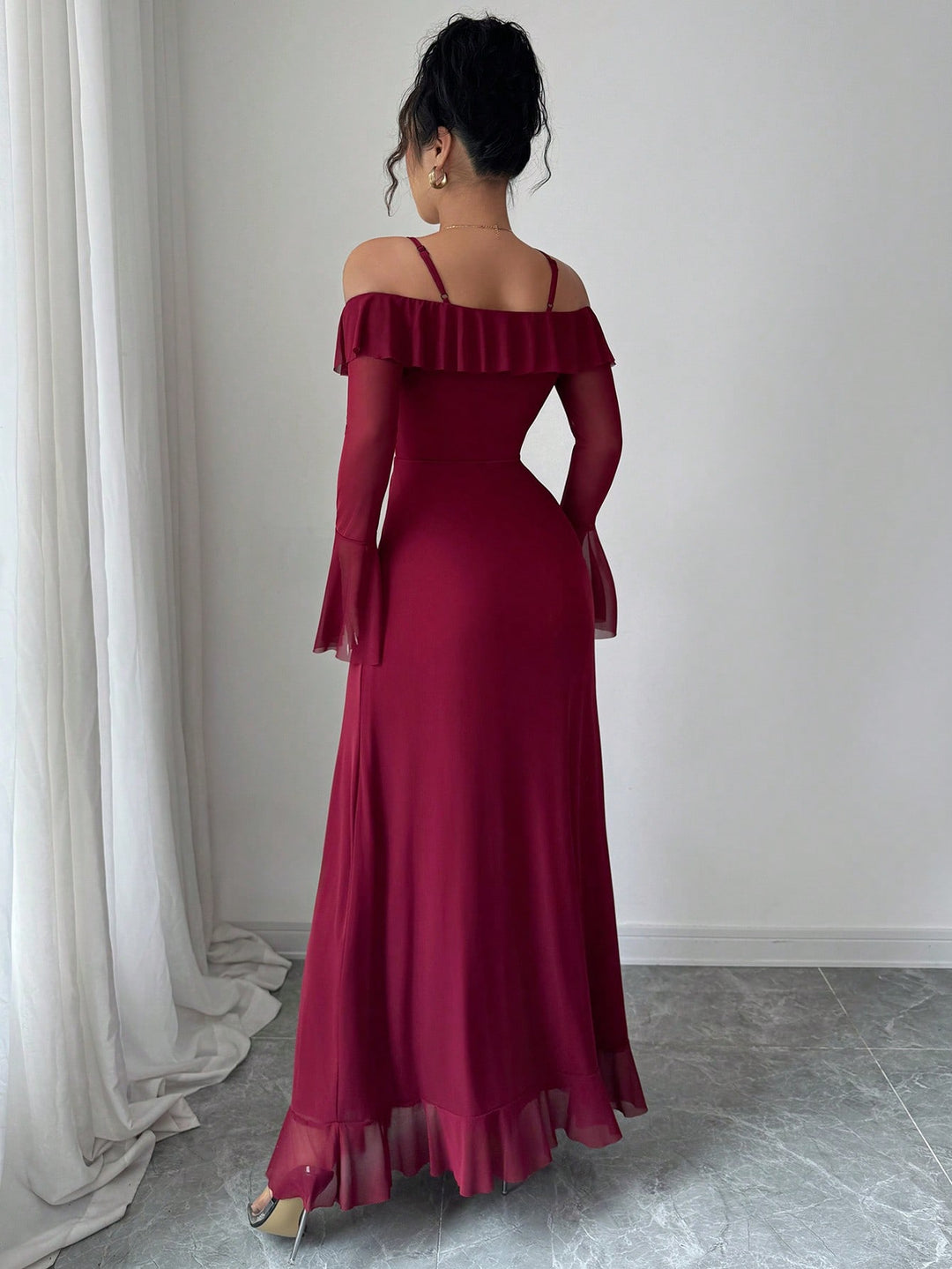 Maroon Offshoulder Straped Ruffle Dress