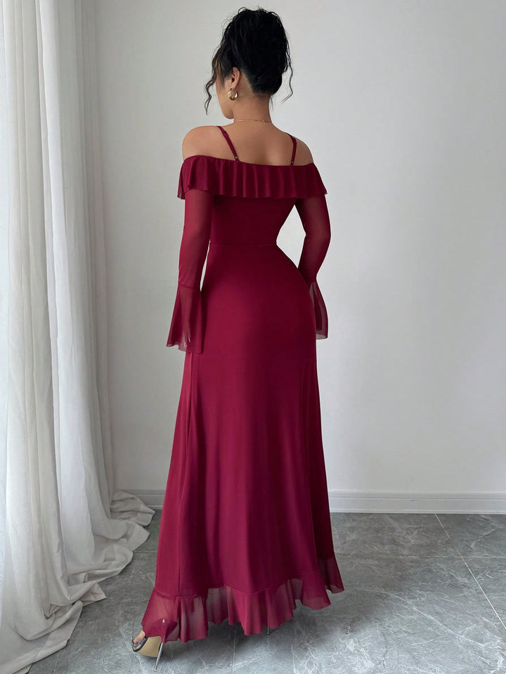 Maroon Offshoulder Straped Ruffle Dress