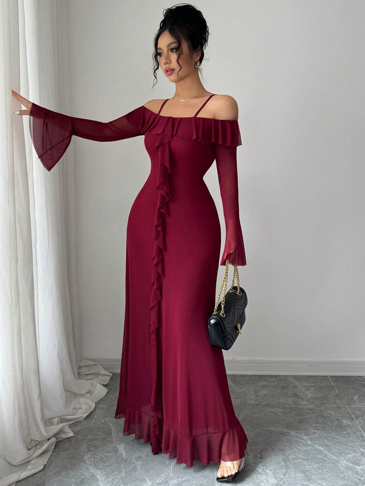 Maroon Offshoulder Straped Ruffle Dress