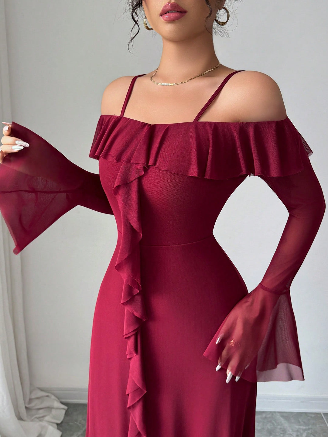 Maroon Offshoulder Straped Ruffle Dress