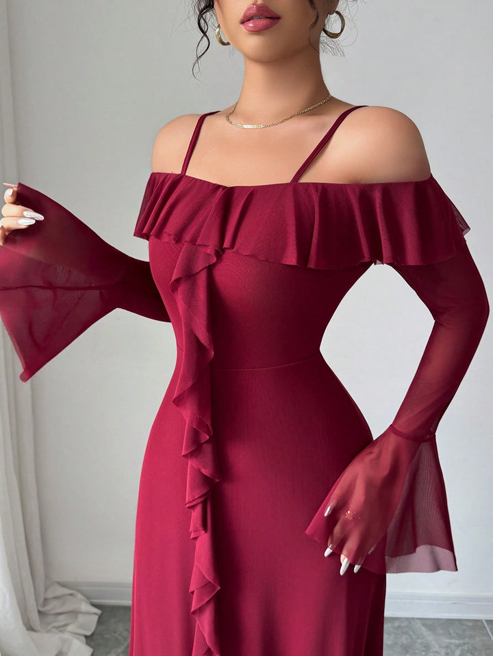 Maroon Offshoulder Straped Ruffle Dress