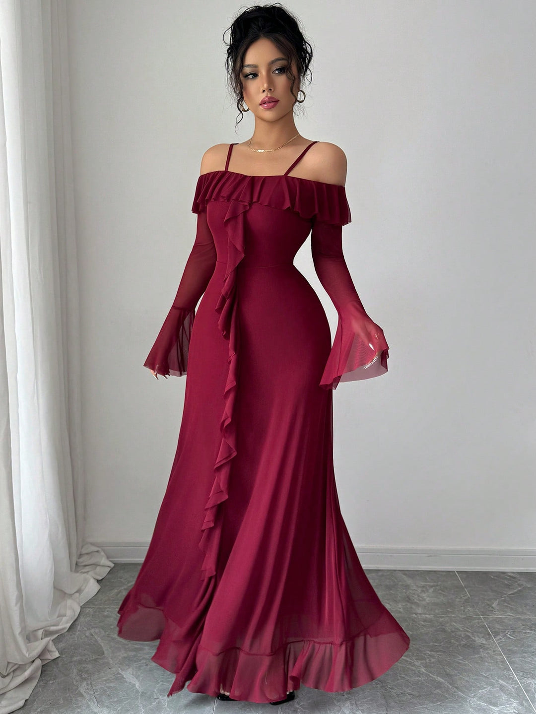 Maroon Offshoulder Straped Ruffle Dress