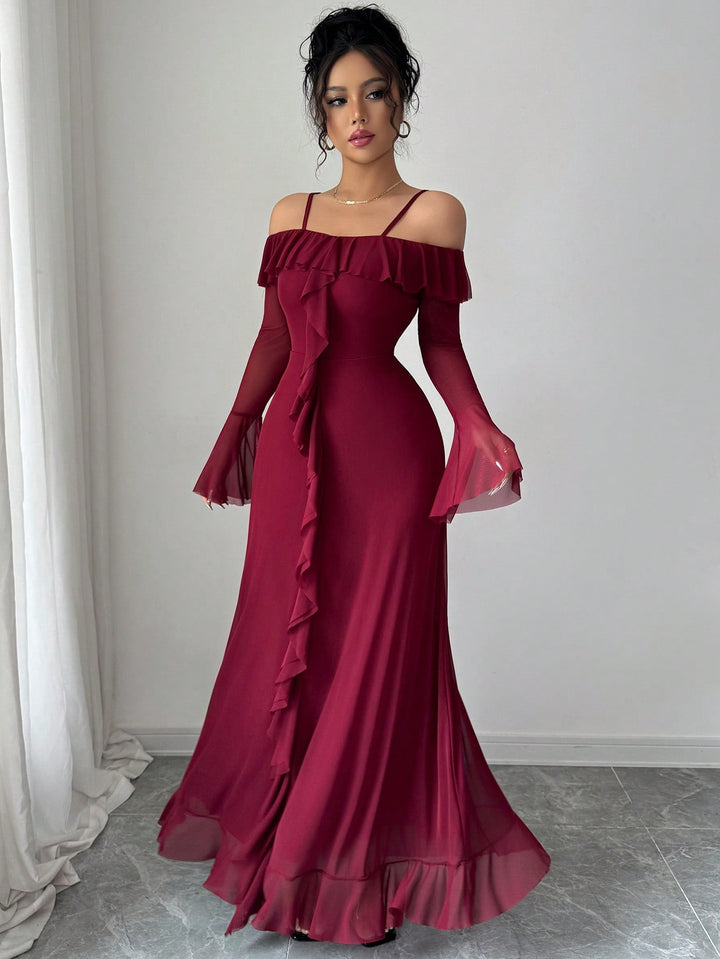 Maroon Offshoulder Straped Ruffle Dress