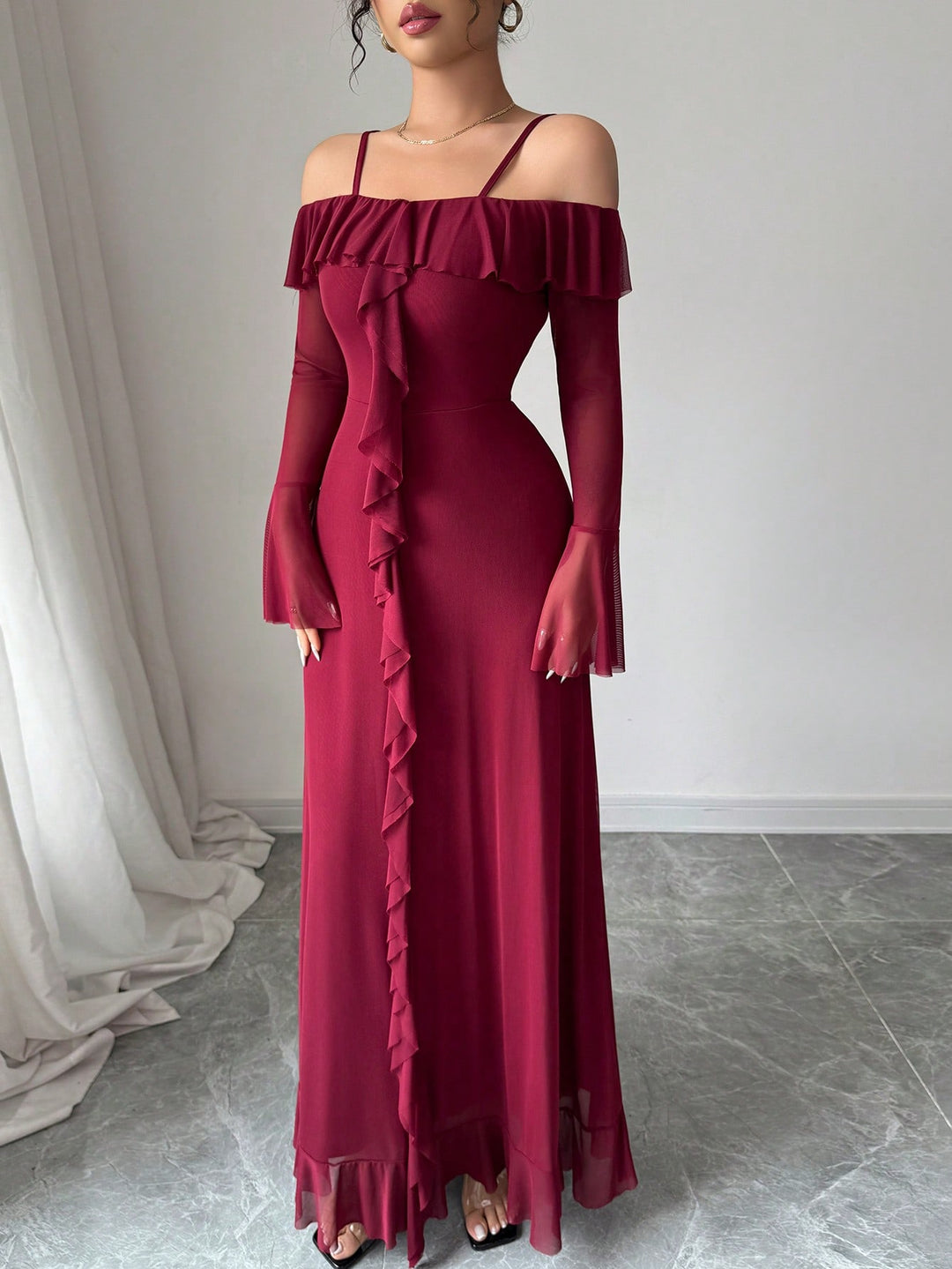 Maroon Offshoulder Straped Ruffle Dress