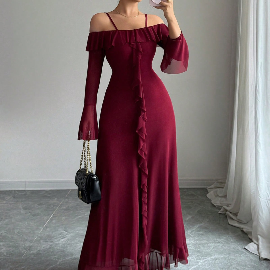 Maroon Offshoulder Straped Ruffle Dress