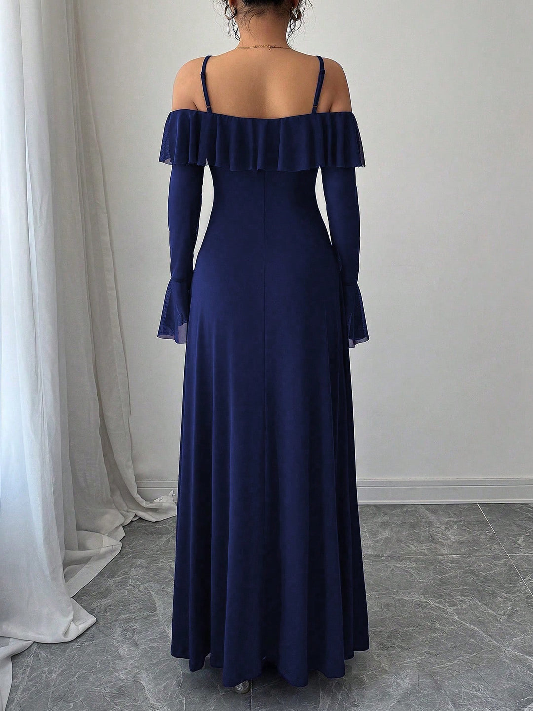 Blue Ruffle Detail Off Shoulder Dress