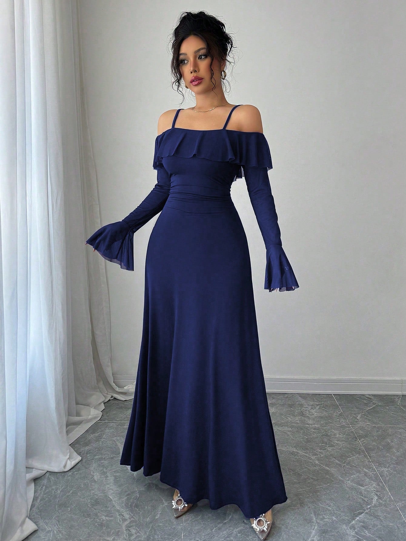 Blue Ruffle Detail Off Shoulder Dress