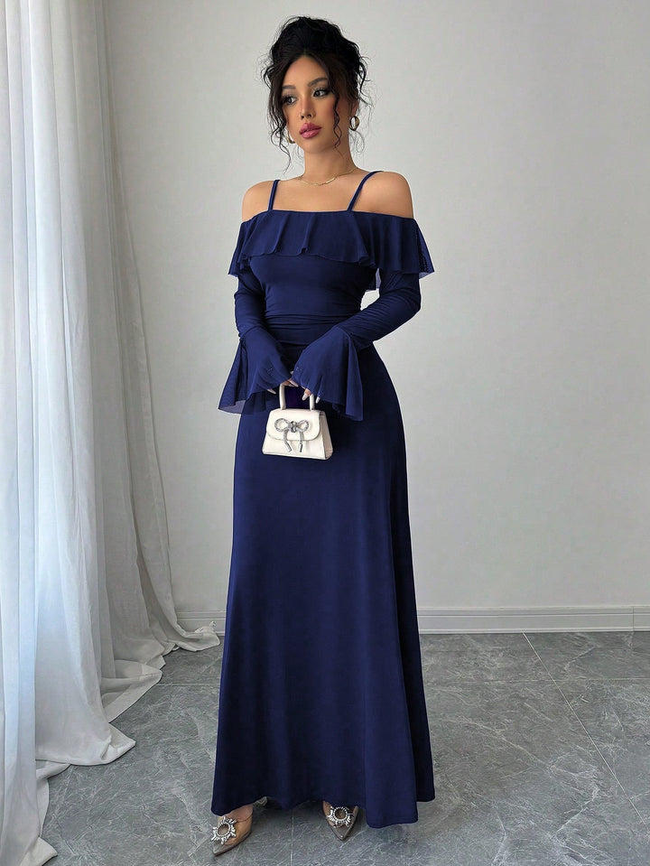 Blue Ruffle Detail Off Shoulder Dress