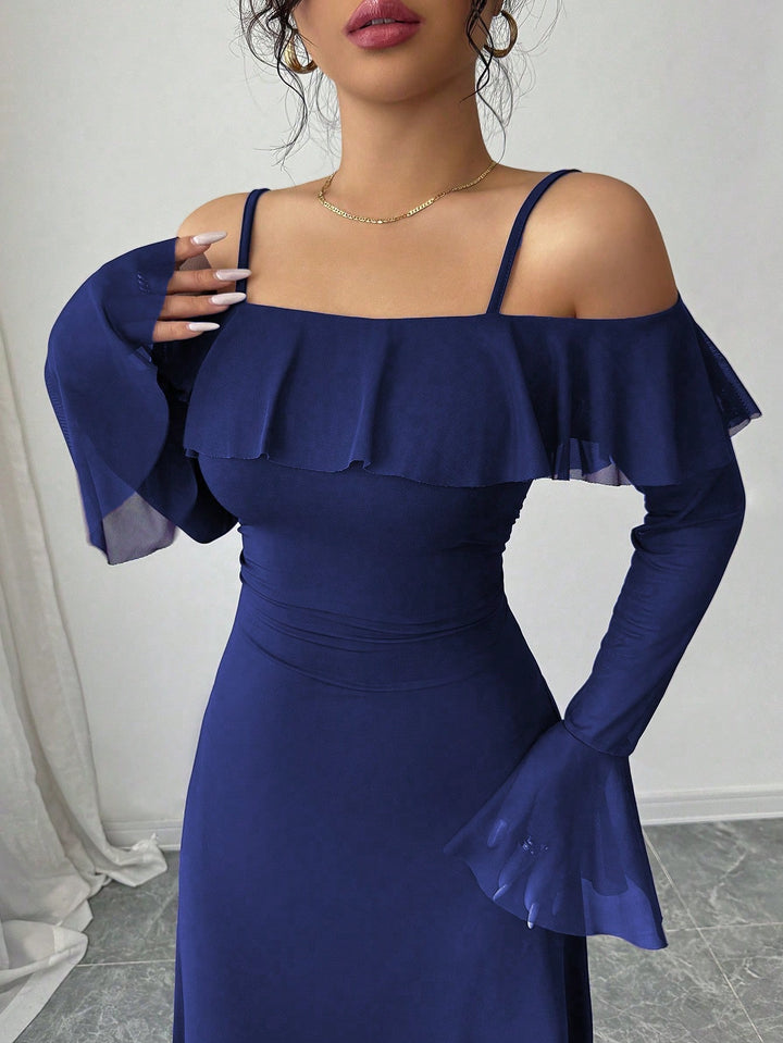 Blue Ruffle Detail Off Shoulder Dress