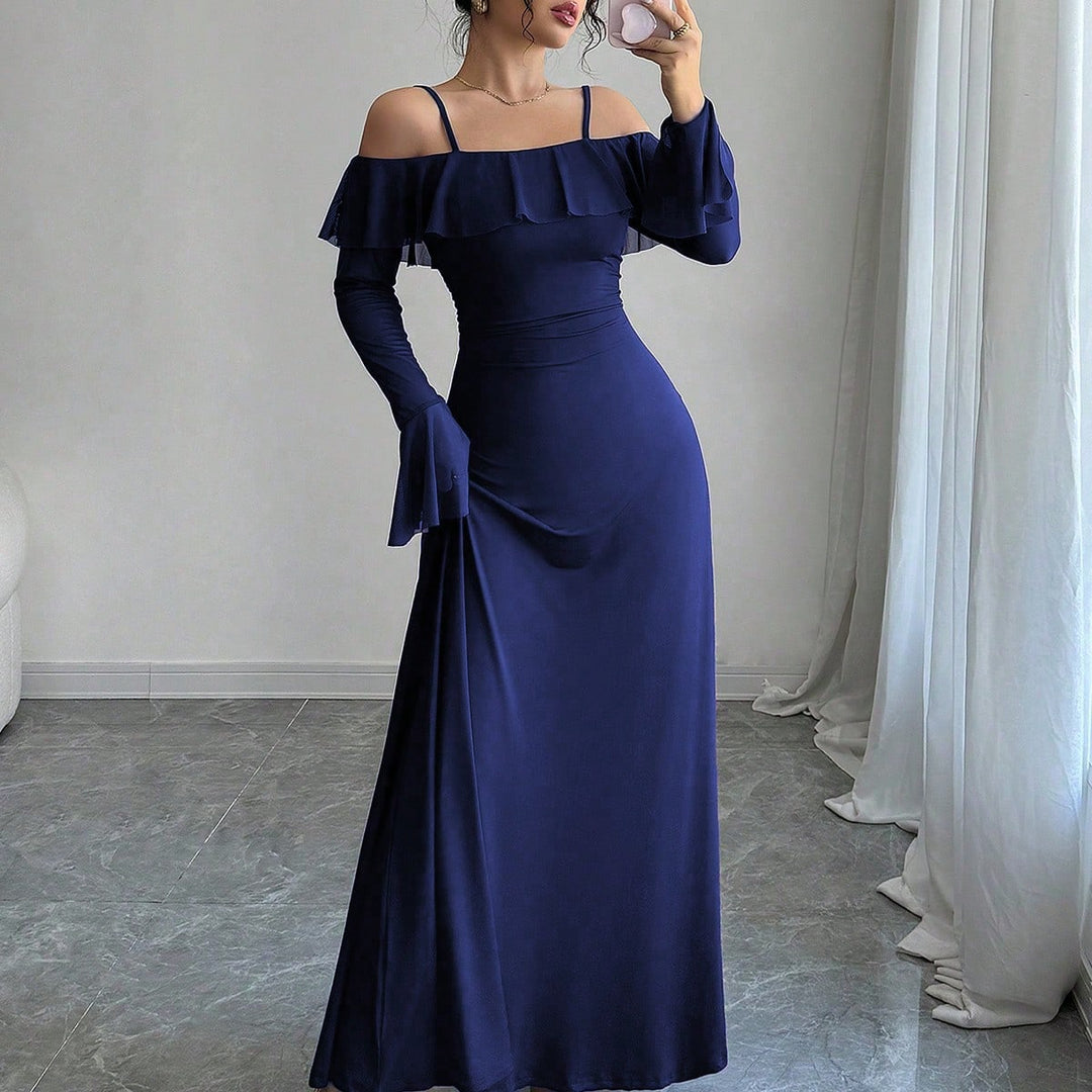 Blue Ruffle Detail Off Shoulder Dress