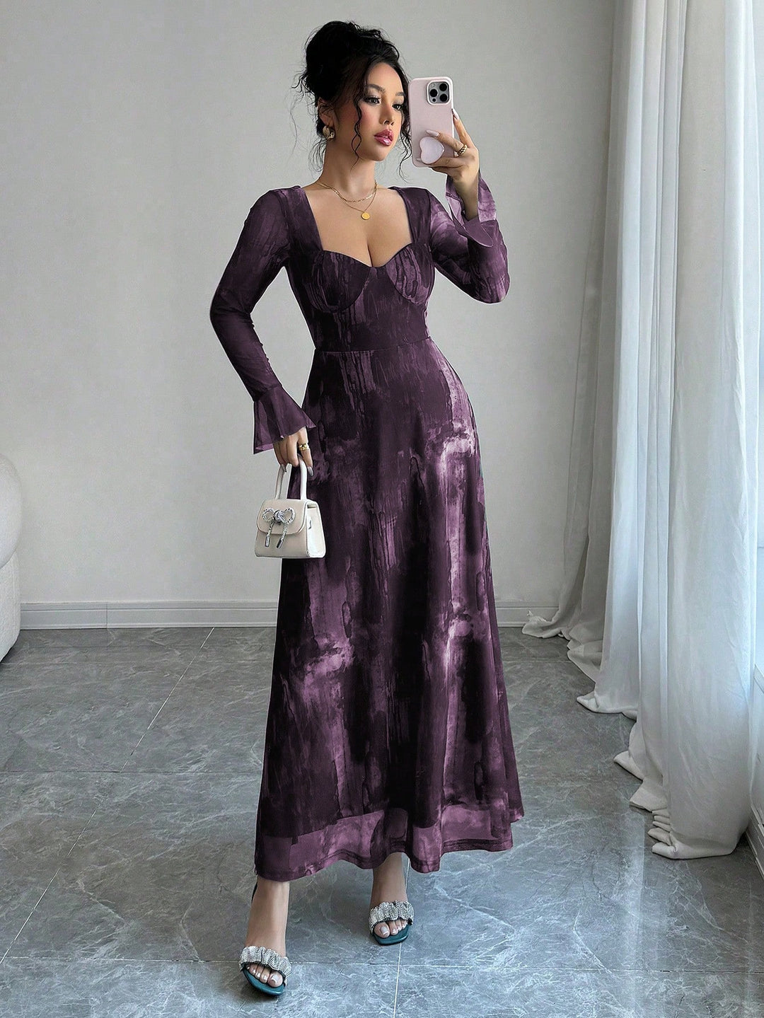 Purple Sweetheart Neck Flare Sleeve Maxi Dress