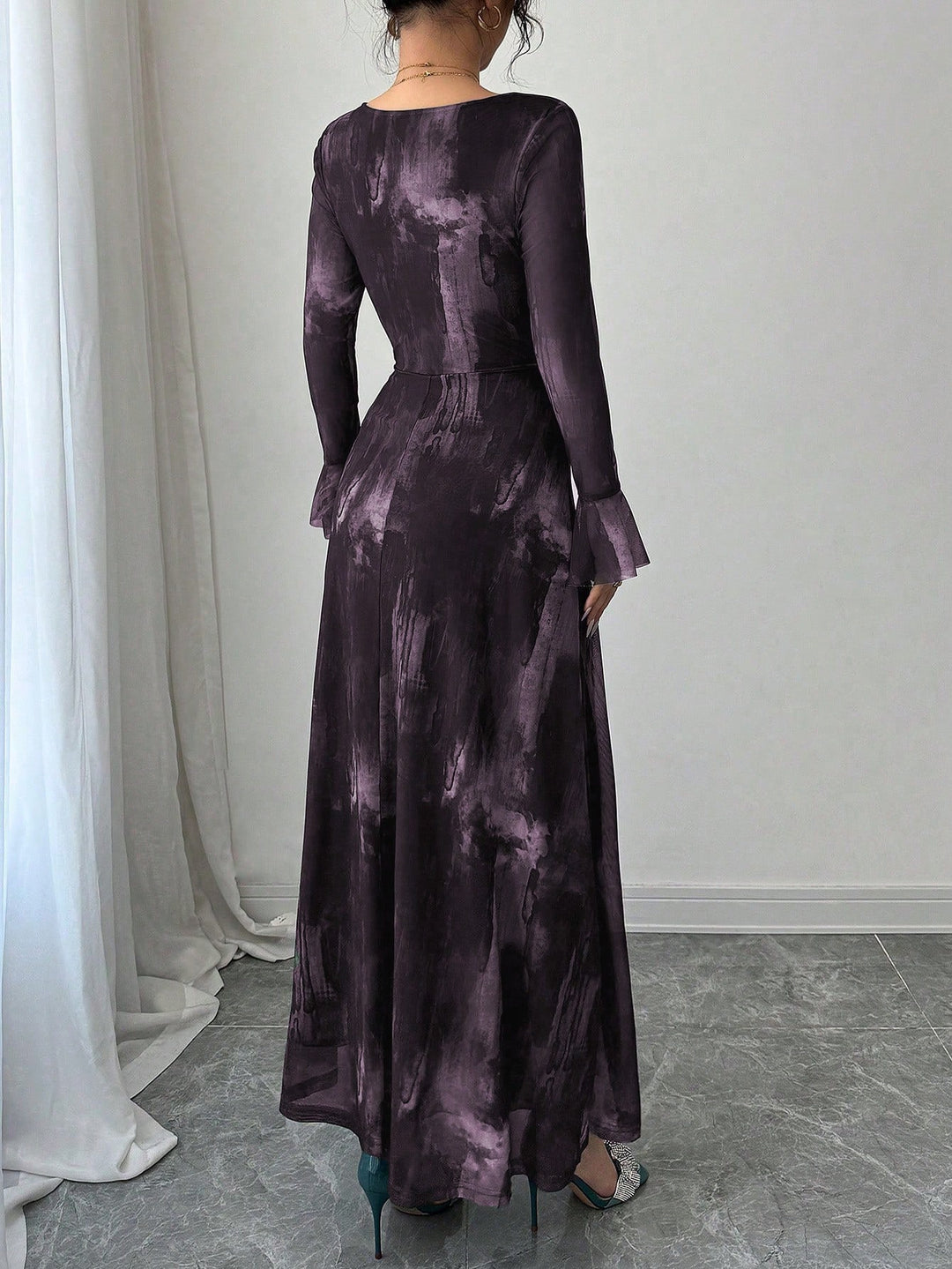 Purple Sweetheart Neck Flare Sleeve Maxi Dress