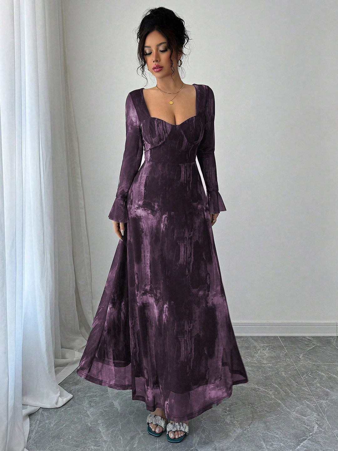 Purple Sweetheart Neck Flare Sleeve Maxi Dress
