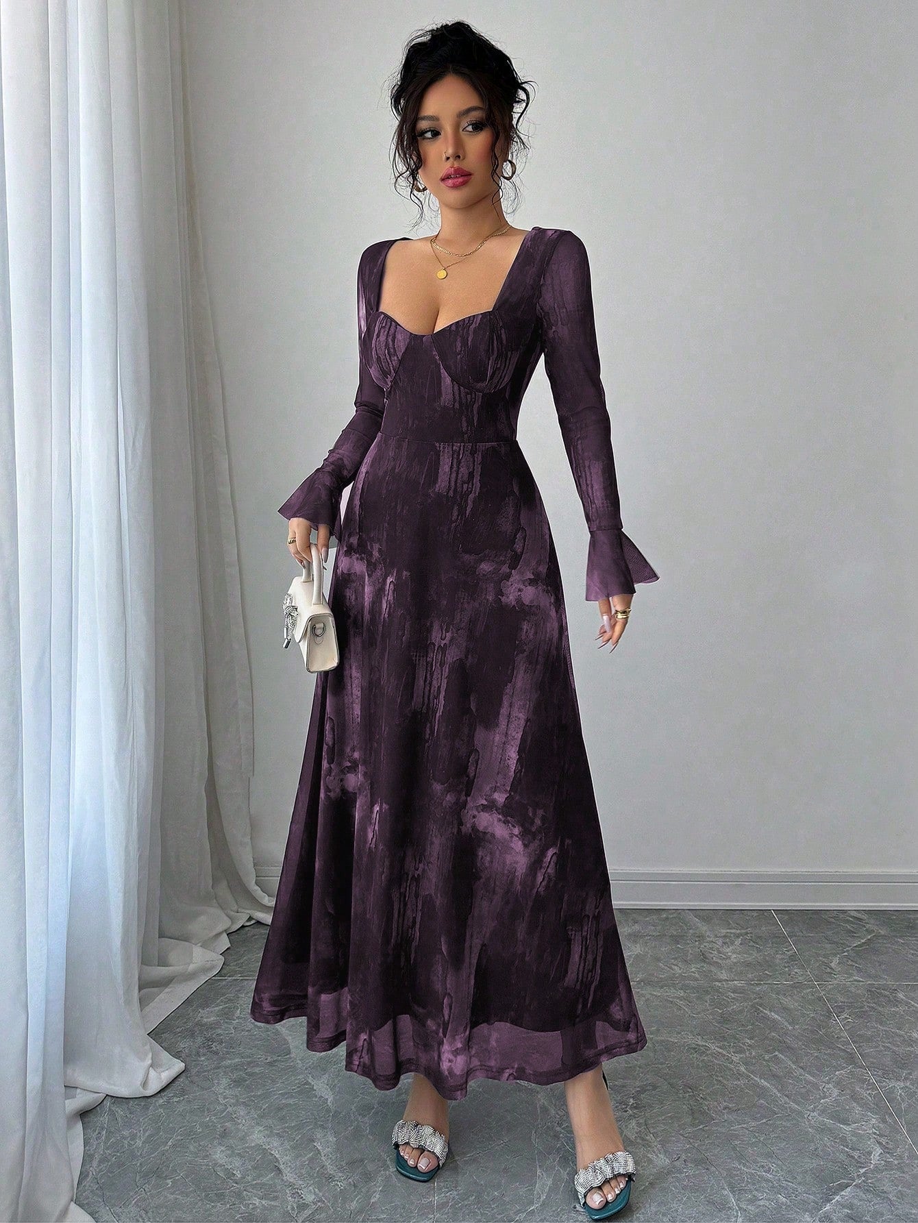 Purple Sweetheart Neck Flare Sleeve Maxi Dress