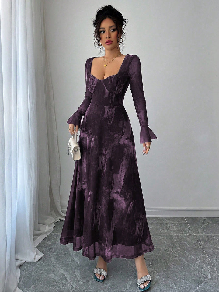 Purple Sweetheart Neck Flare Sleeve Maxi Dress