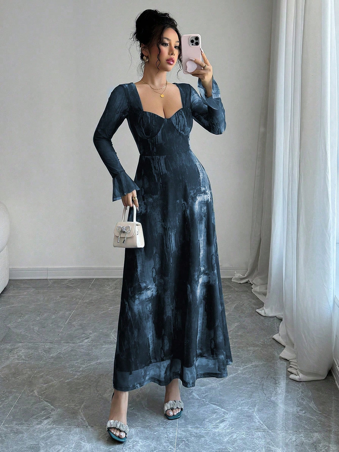 Blue Sweetheart Neck Flare Sleeve Maxi Dress