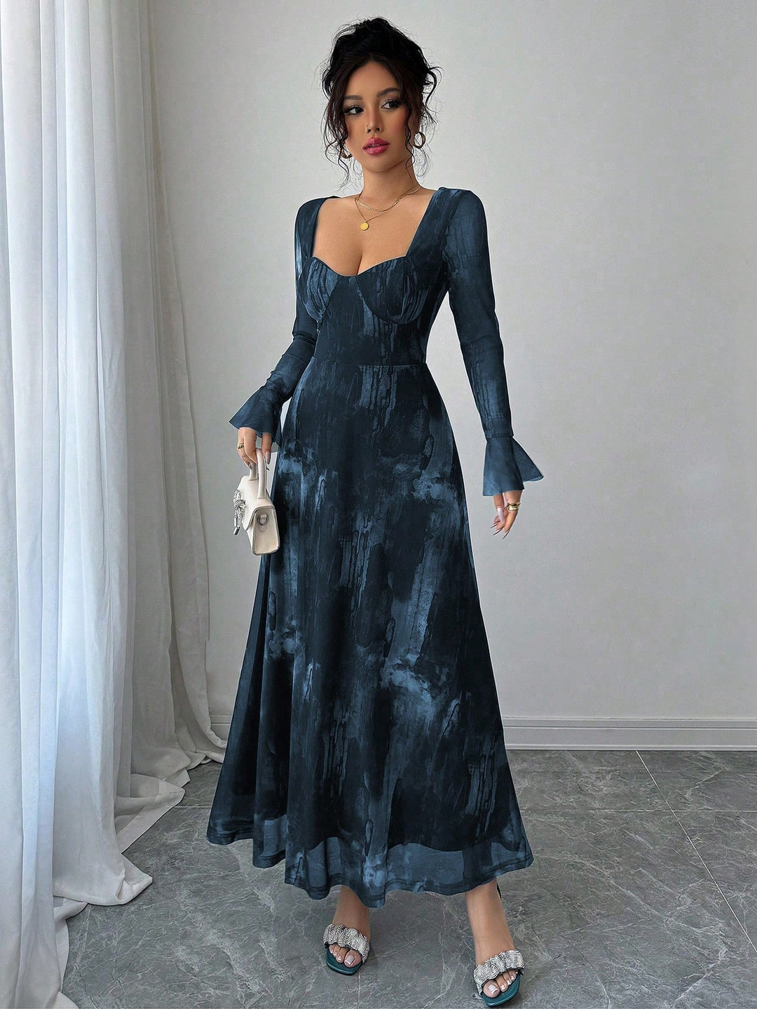 Blue Sweetheart Neck Flare Sleeve Maxi Dress