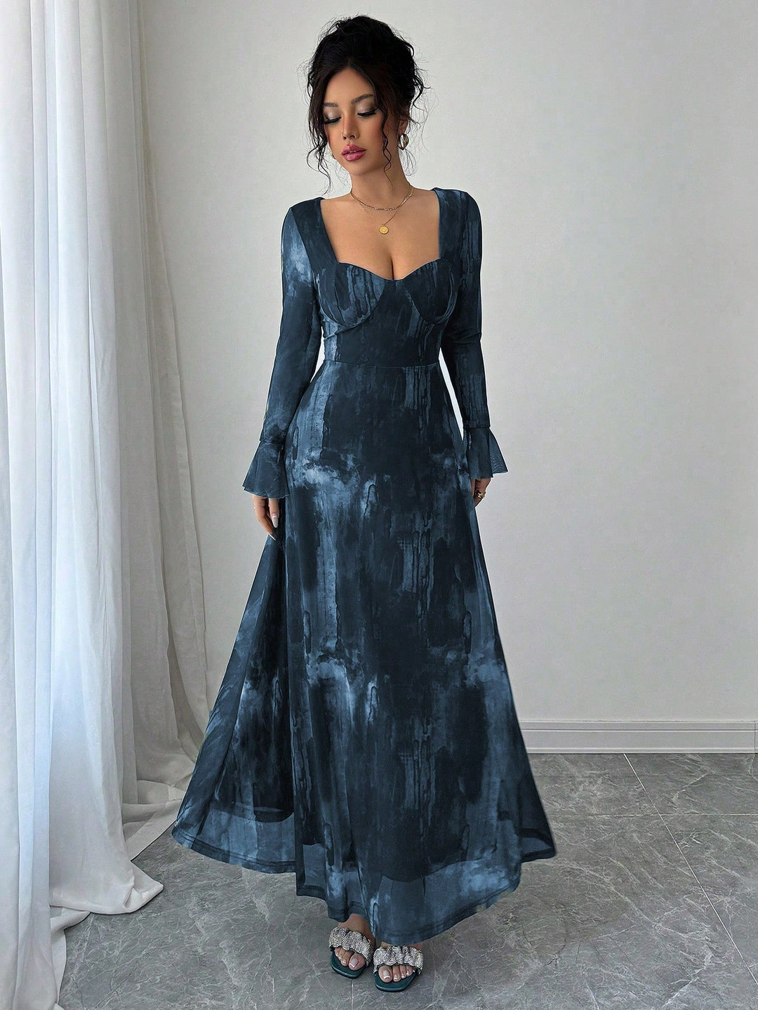 Blue Sweetheart Neck Flare Sleeve Maxi Dress