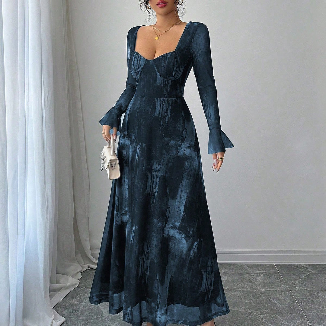 Blue Sweetheart Neck Flare Sleeve Maxi Dress