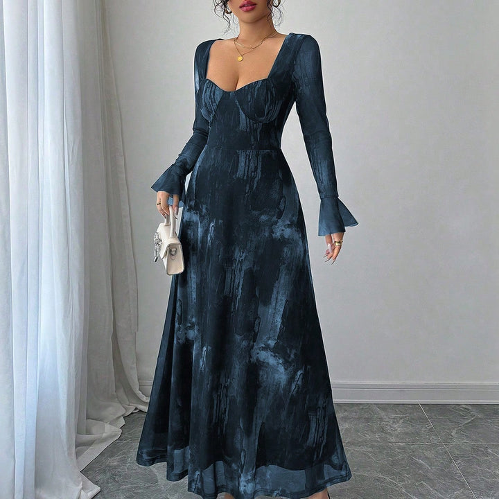 Blue Sweetheart Neck Flare Sleeve Maxi Dress