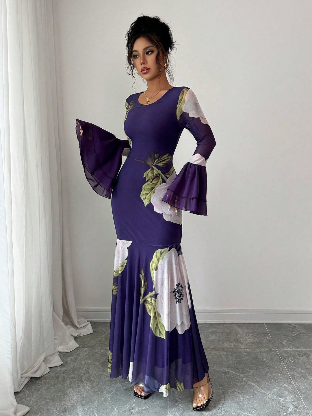 Purple Fit & Flare Floral Pleated Hem Dress