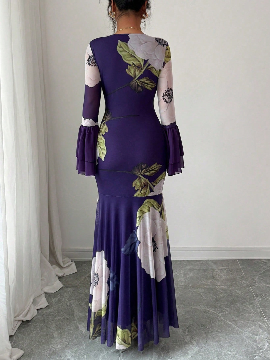 Purple Fit & Flare Floral Pleated Hem Dress