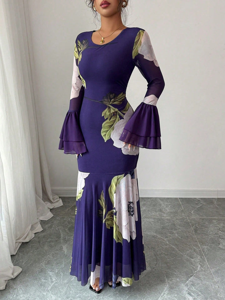 Purple Fit & Flare Floral Pleated Hem Dress