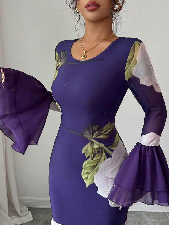 Purple Fit & Flare Floral Pleated Hem Dress