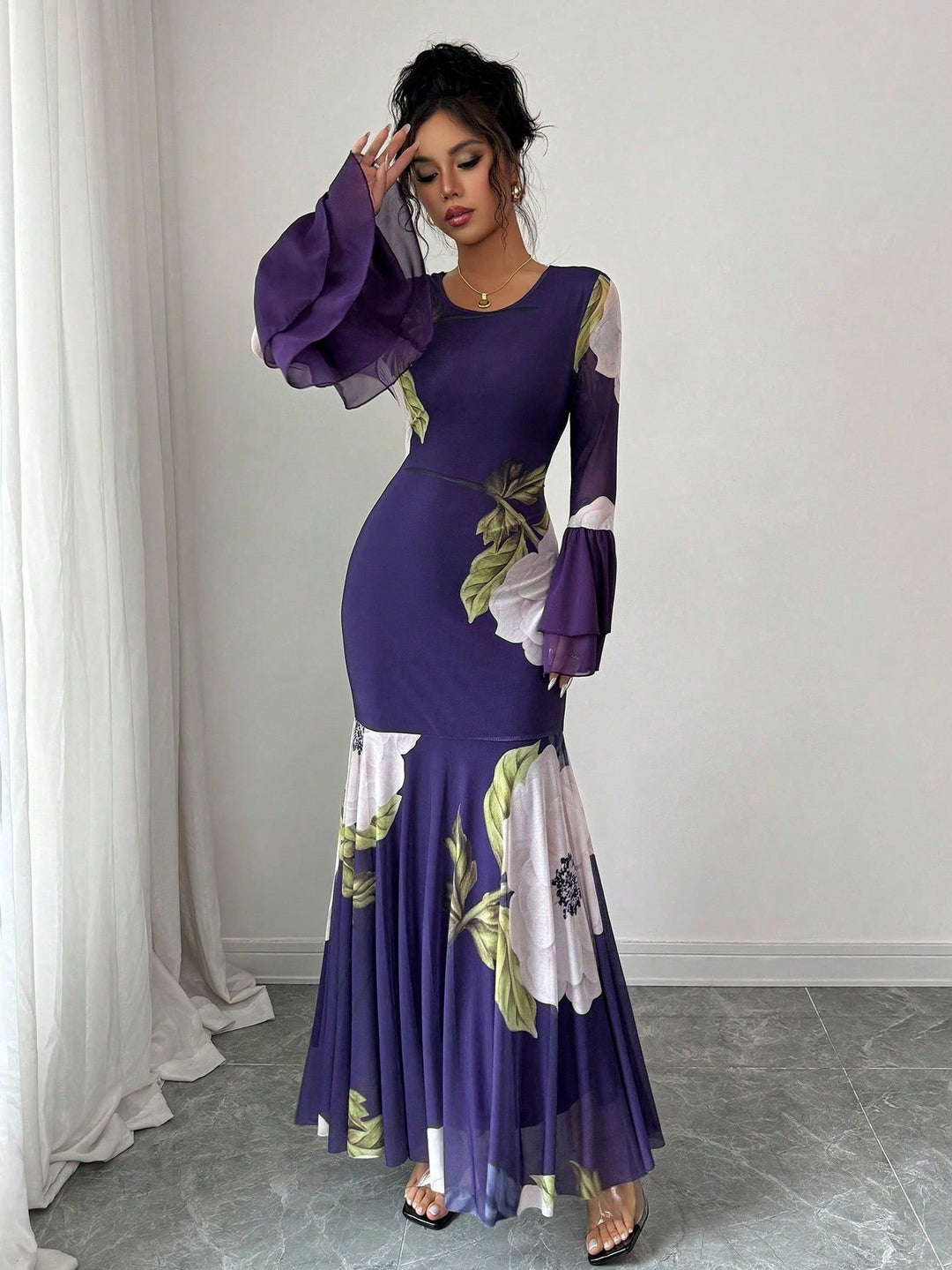 Purple Fit & Flare Floral Pleated Hem Dress