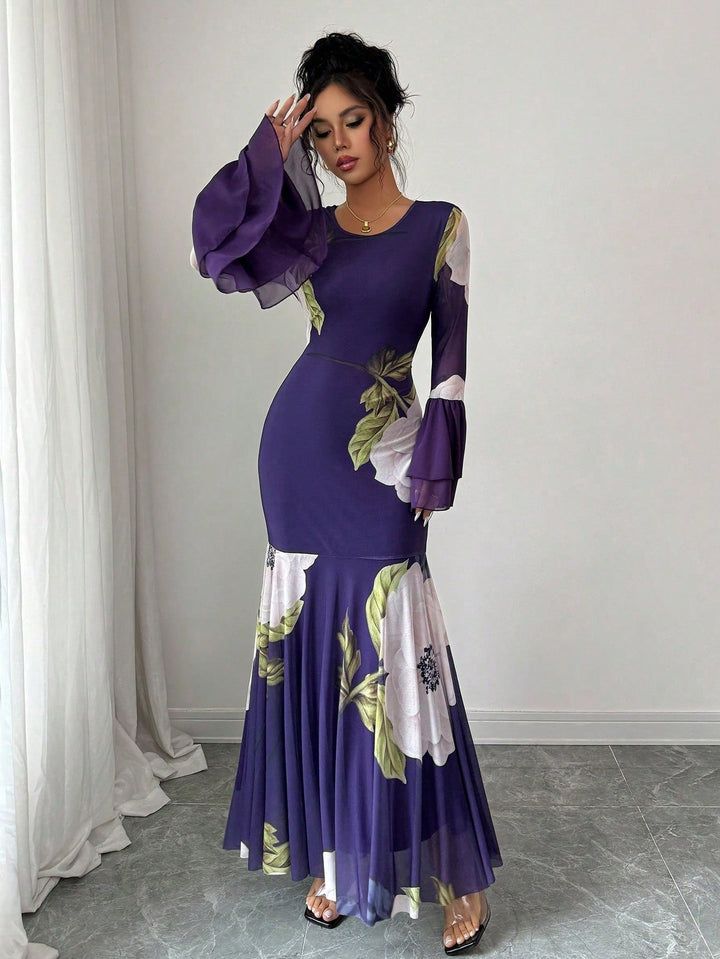 Purple Fit & Flare Floral Pleated Hem Dress