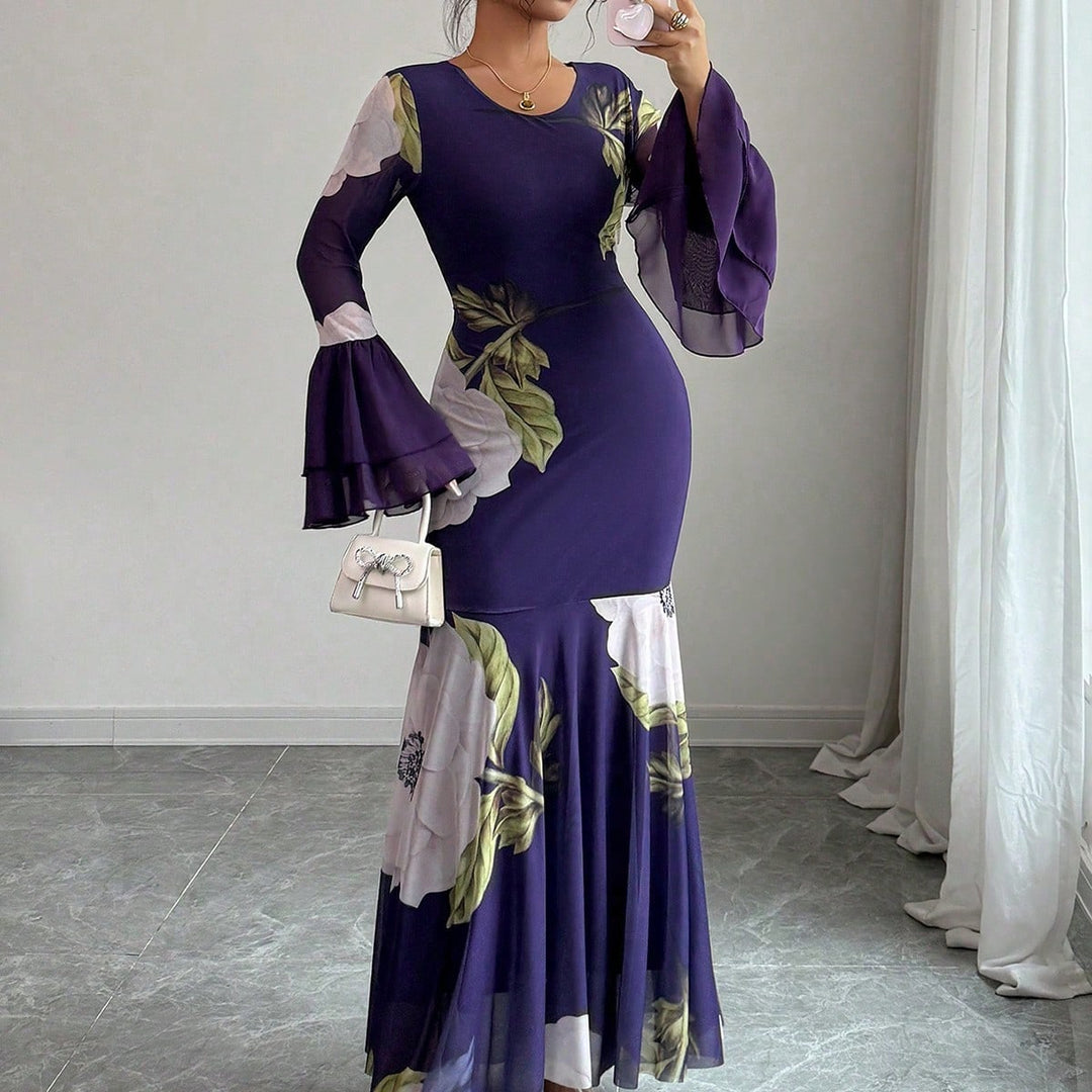 Purple Fit & Flare Floral Pleated Hem Dress