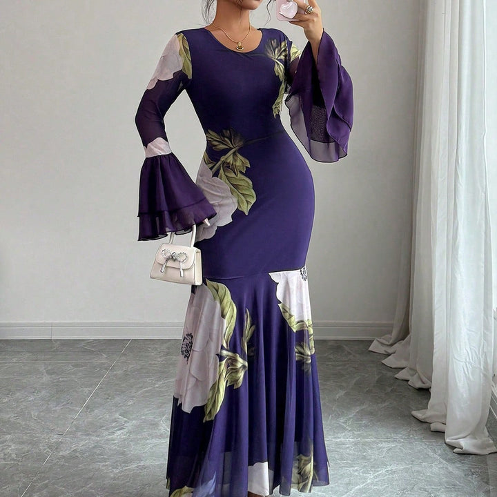 Purple Fit & Flare Floral Pleated Hem Dress