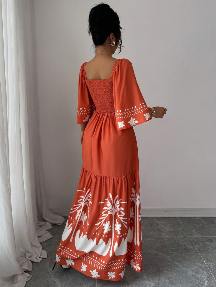Orange Floral Print Puff Sleeve Dress