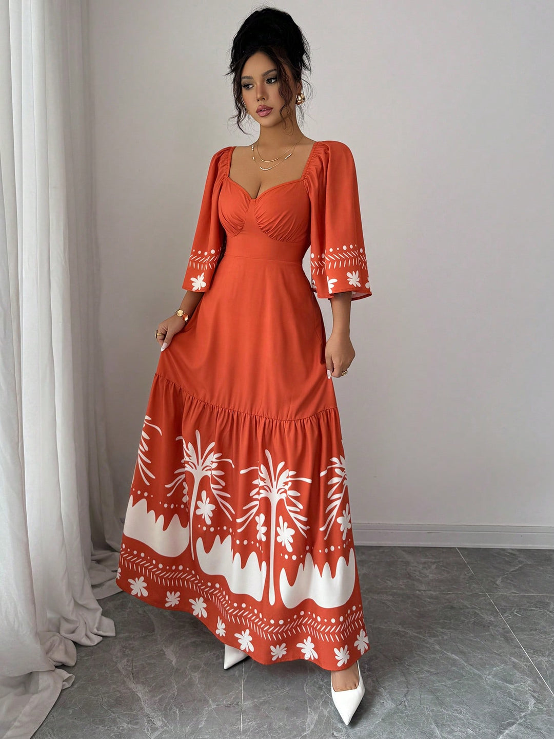 Orange Floral Print Puff Sleeve Dress