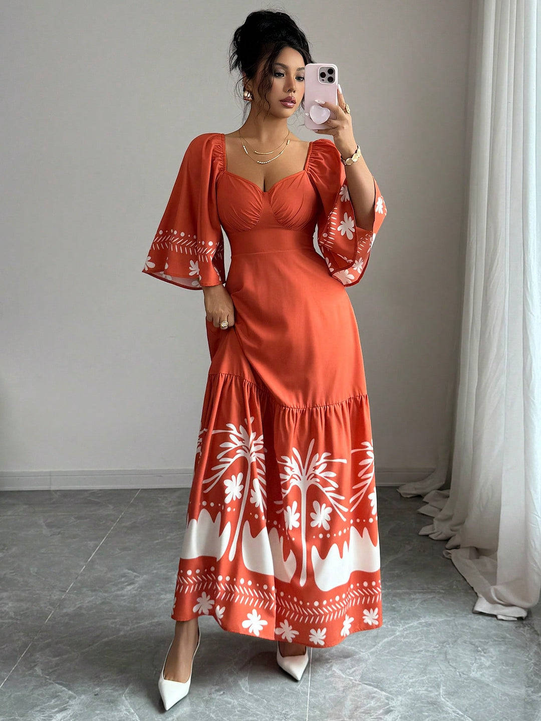 Orange Floral Print Puff Sleeve Dress