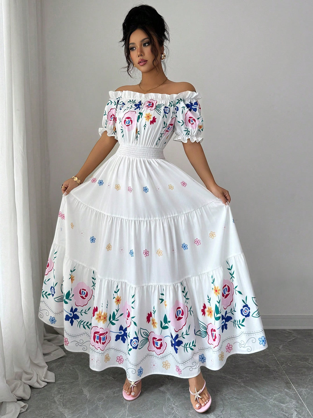 White Floral Print Puff Sleeve Dress