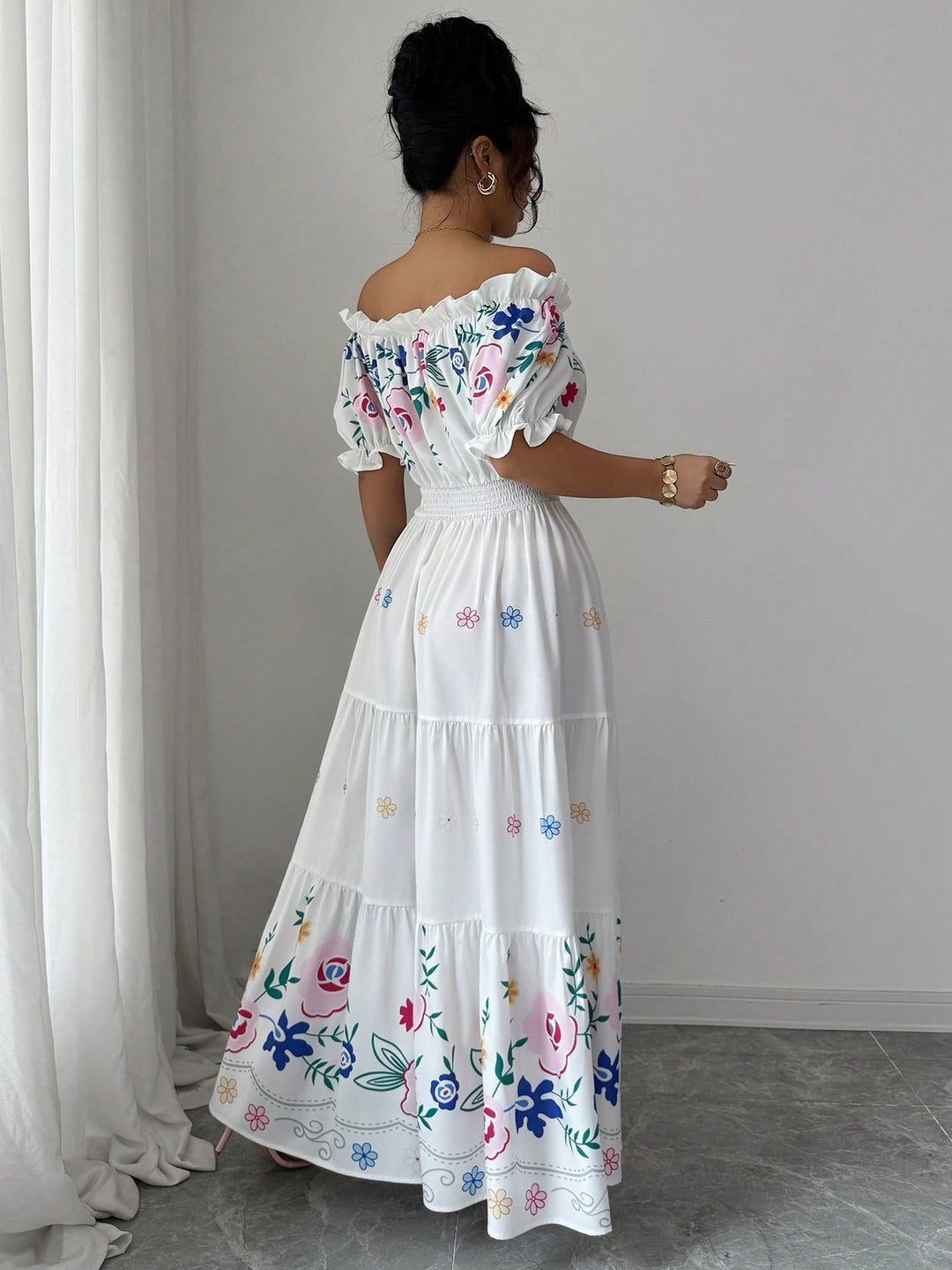 White Floral Print Puff Sleeve Dress