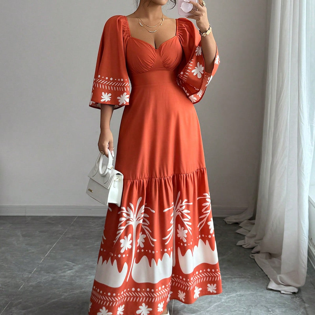 Orange Floral Print Puff Sleeve Dress